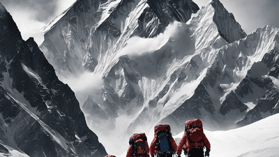 the image should depict a group of courageous mountaineers facing the daunting challenge of k2 with the treacherous mountain looming in the background the climbers should be shown in a realistic style showcasing their determination and bravery as they embark on this dangerous journey the atmosphere of the image should convey a sense of awe and respect for these individuals who push themselves to the limit in pursuit of their dreams the composition should highlight the extreme risks and challenges they face while also capturing the spirit of adventure and perseverance that drives them forward